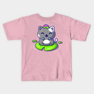 Cute Cat Sitting On Leaf Cartoon Vector Icon Illustration Kids T-Shirt